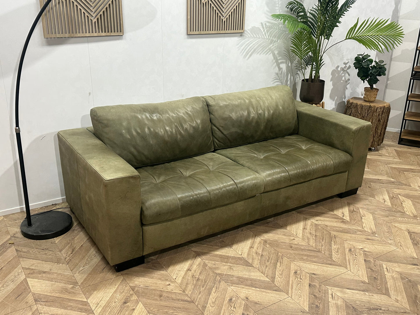 Groene Echt Lederen 2.5-Zits Bank ~ Losse Kussens Met Afneembare Hoezen