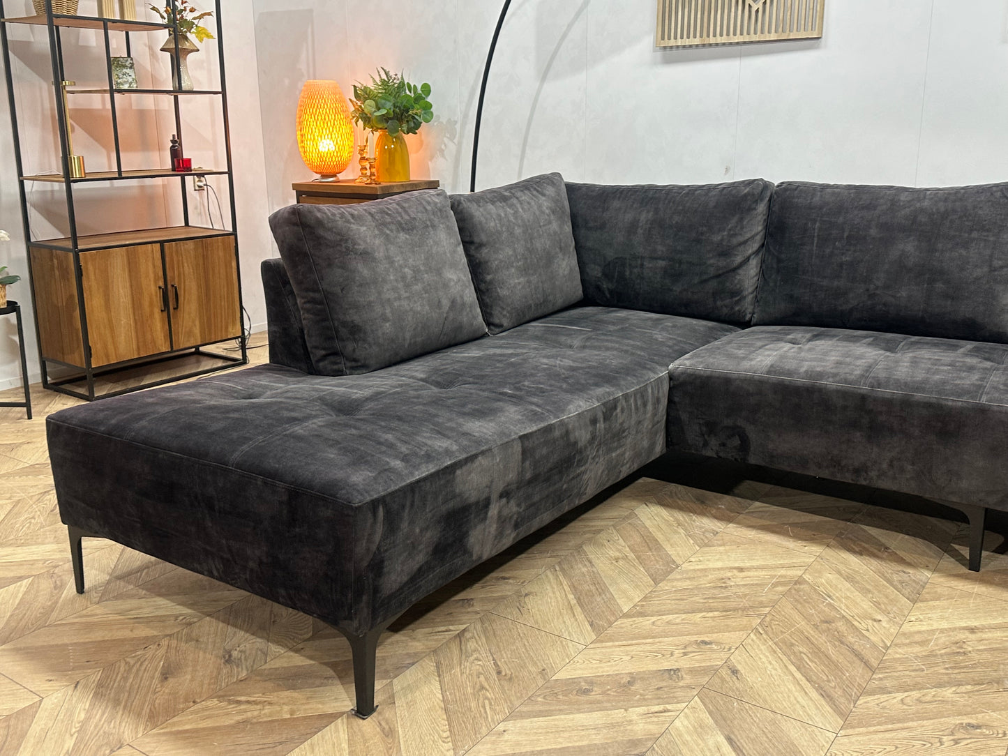 Antraciet Velvet Hoekbank ~ Losse Kussens Met Afneembare Hoezen