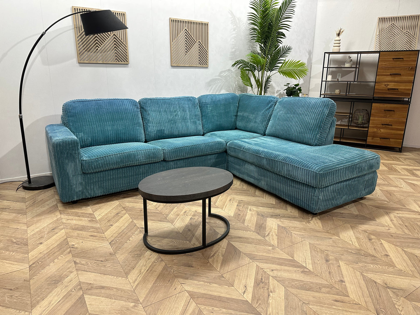 Licht Blauwe Ribstof Hoekbank ~ Losse Kussens Met Afneembare Hoezen