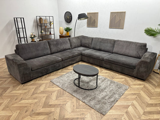 Grijze Ribstof Hoekbank ~ Losse Kussens Met Afneembare Hoezen