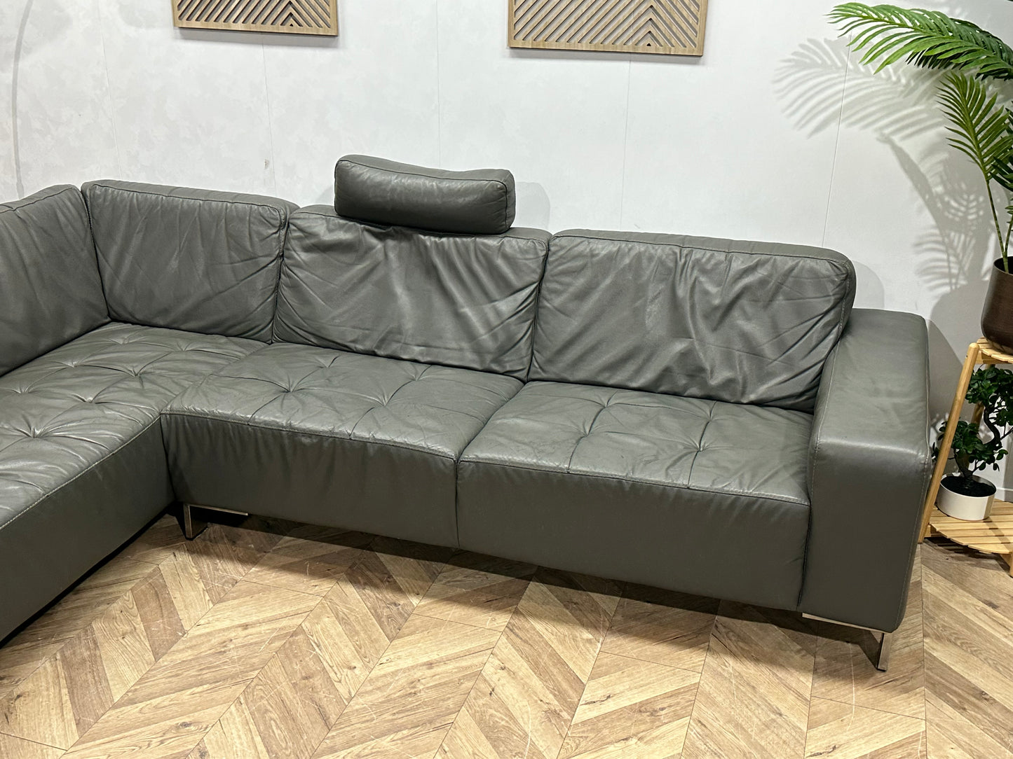 Montèl Grijze Echt Lederen Hoekbank ~ Vaste Kussens