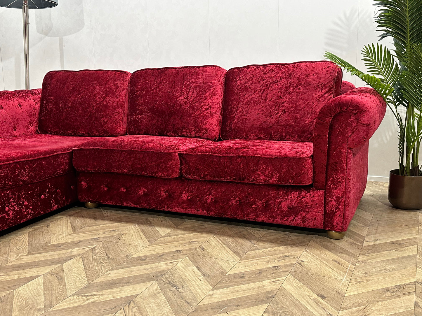 Rode/Roze Velvet Hoekbank ~ Losse Kussens Met Afneembare Hoezen