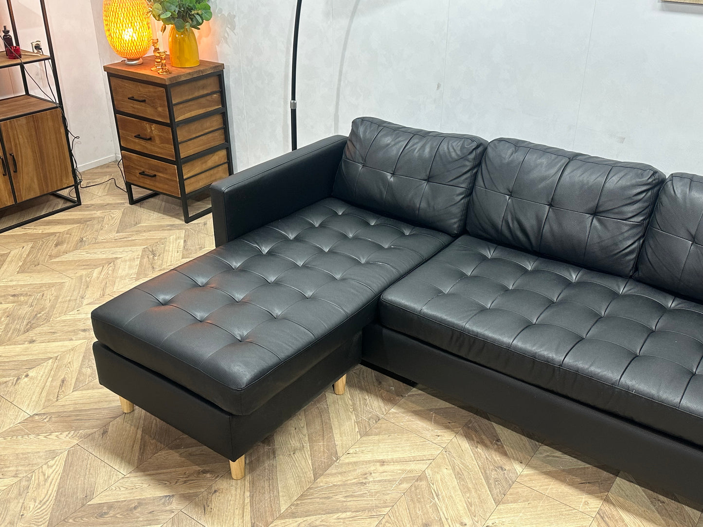 Zwart Echt Lederen Hoekbank ~ Losse Kussens Met Afneembare Hoezen