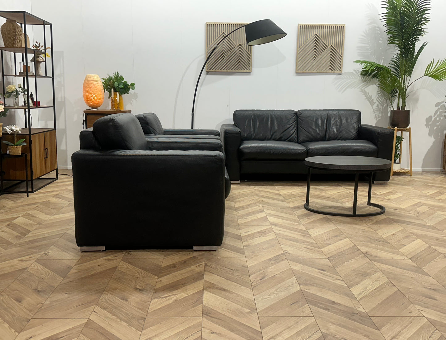 Zwarte Echt Lederen 2.5-Zits Bank Inc Fauteuils ~ Vaste Kussens