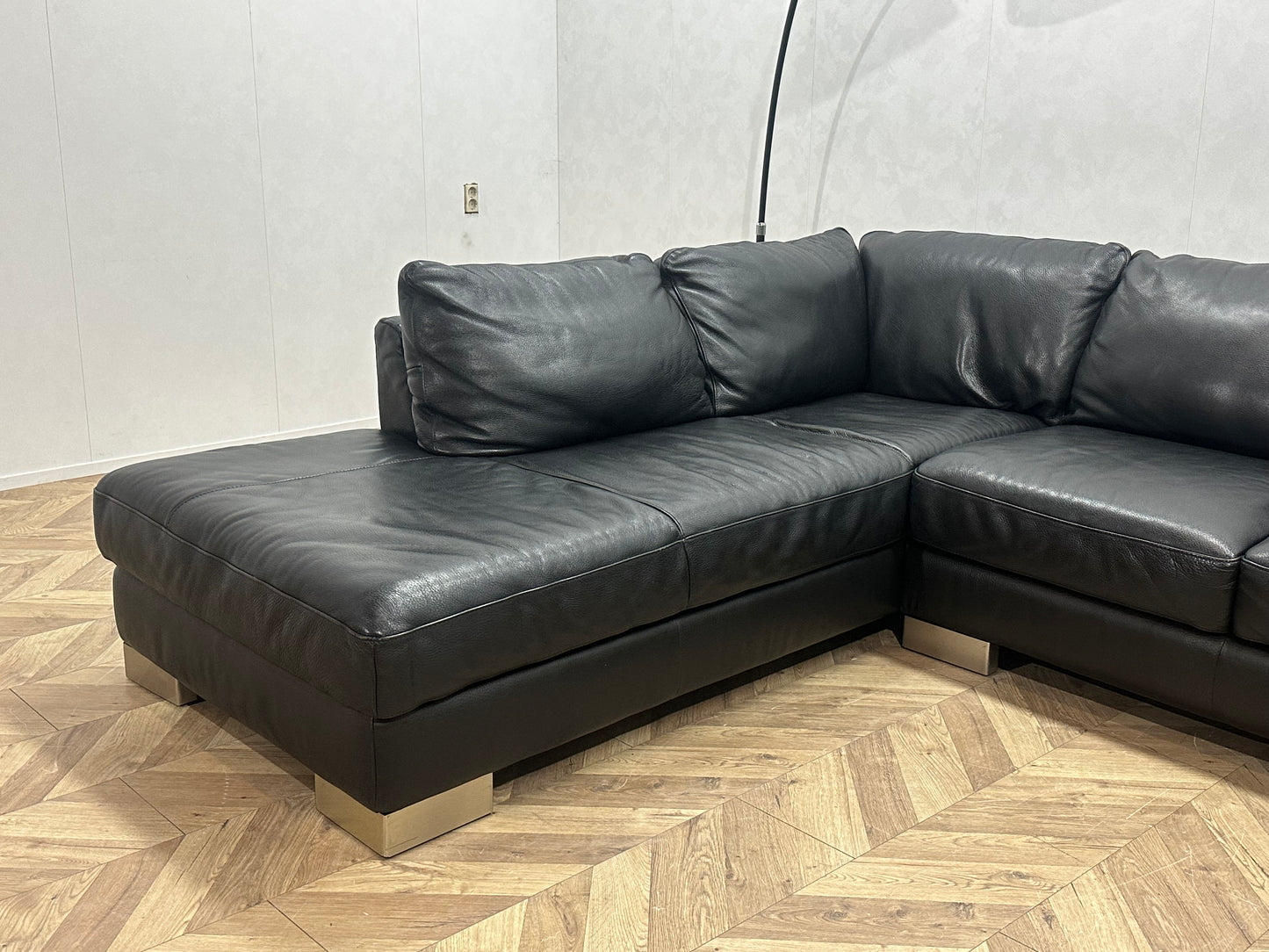 Italsofa Zwart Echt Lederen Hoekbank ~ Losse Rugkussens Met Afneembare Hoezen