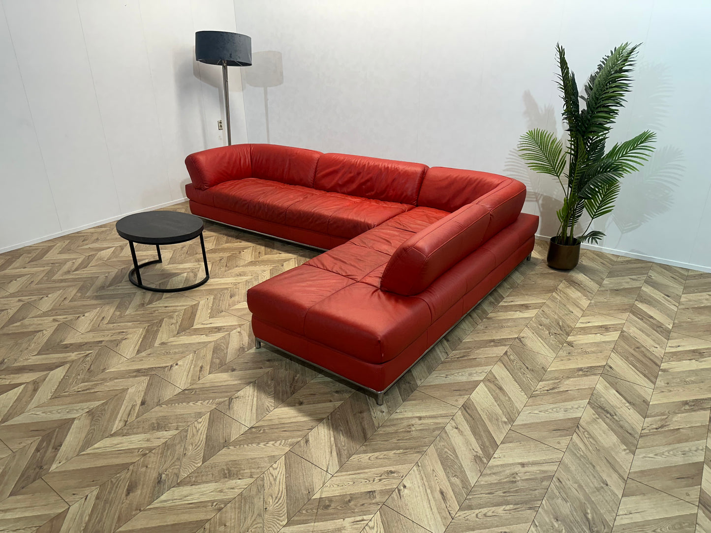 Rode Echt Lederen Design Hoekbank ~ Vaste Kussens
