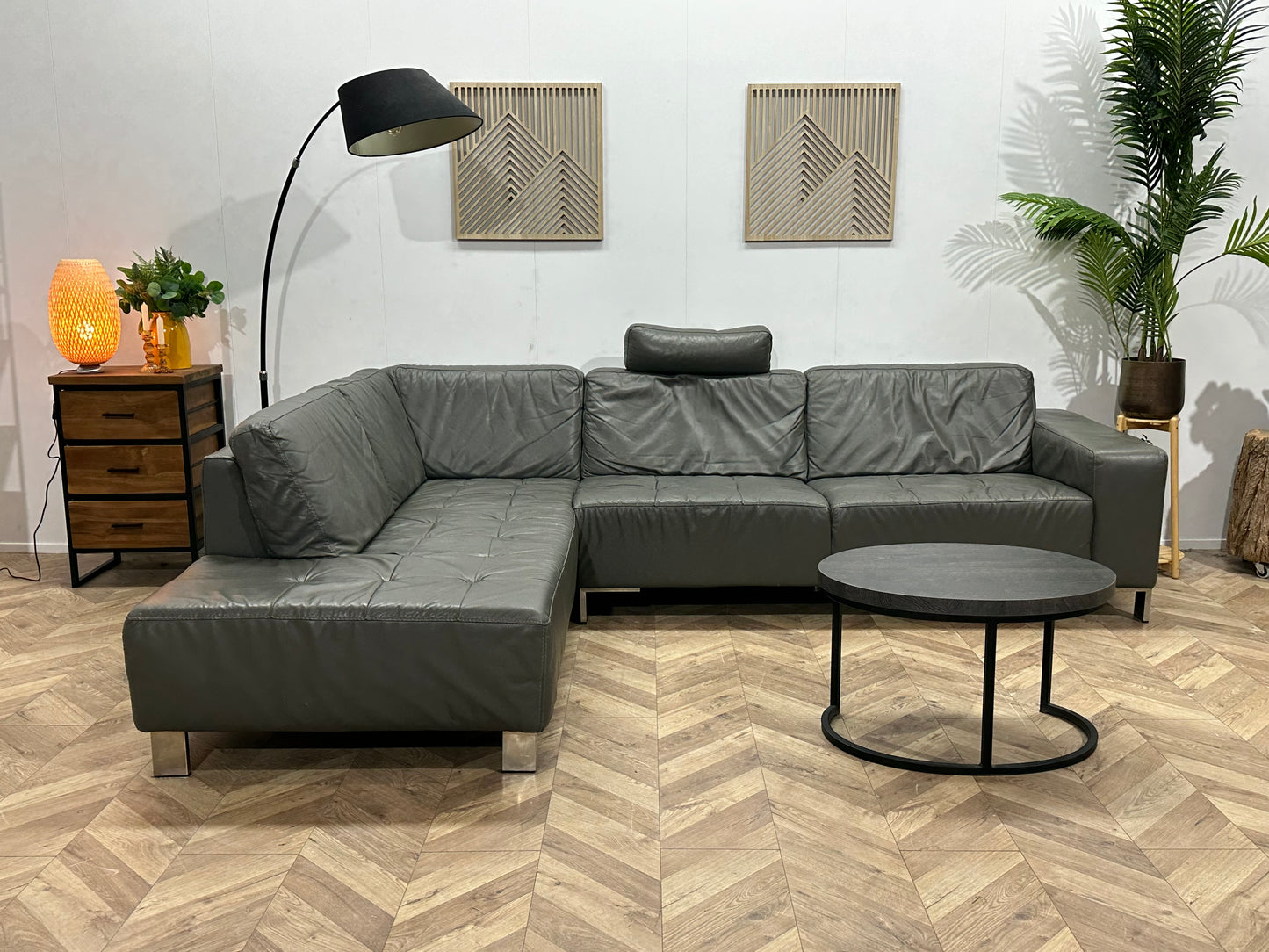 Montèl Grijze Echt Lederen Hoekbank ~ Vaste Kussens