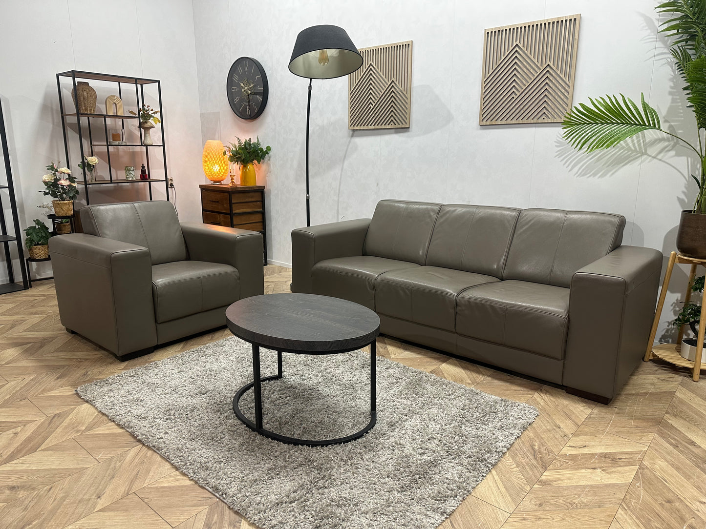 Taupe Echt Lederen 3-Zits Bank Inc Fauteuil ~ Vaste Kussens