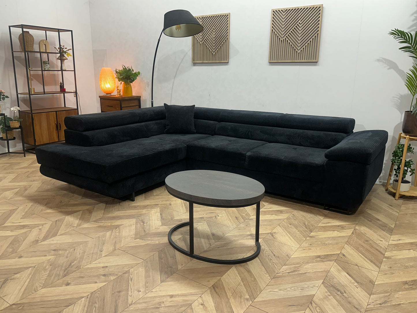 Zwart Ribstof Hoekbank ~ Verstelbare  Hoofdsteunen