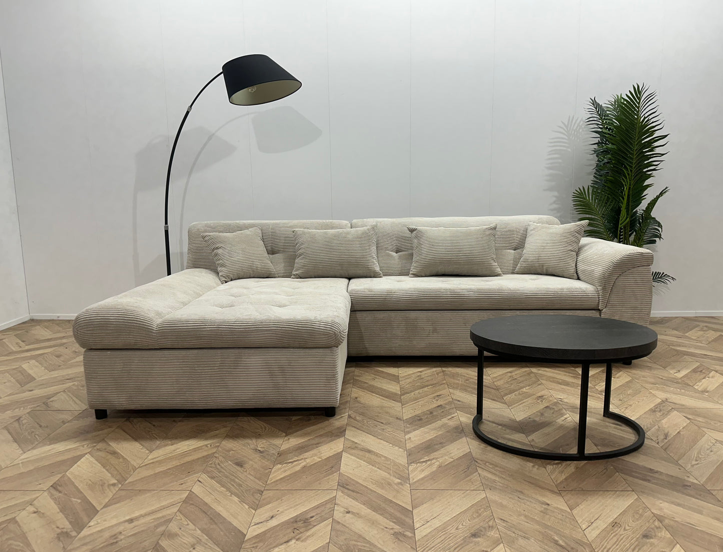 !Showroommodel! Crème Ribstof Hoekbank ~ Slaapfunctie ~ Opbergruimte