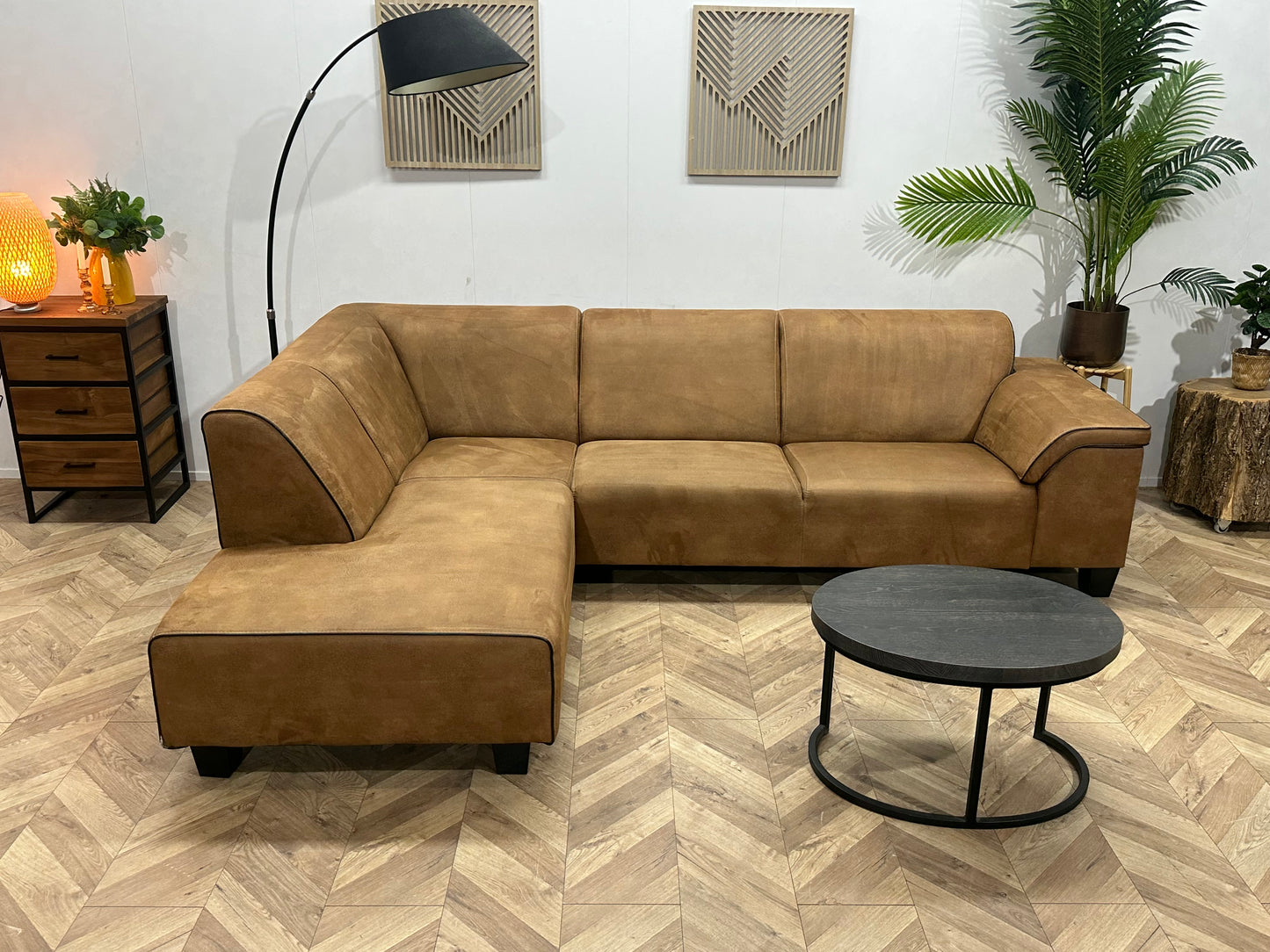 Cognac Bruine Suède Stoffen Hoekbank ~ Vaste Kussens