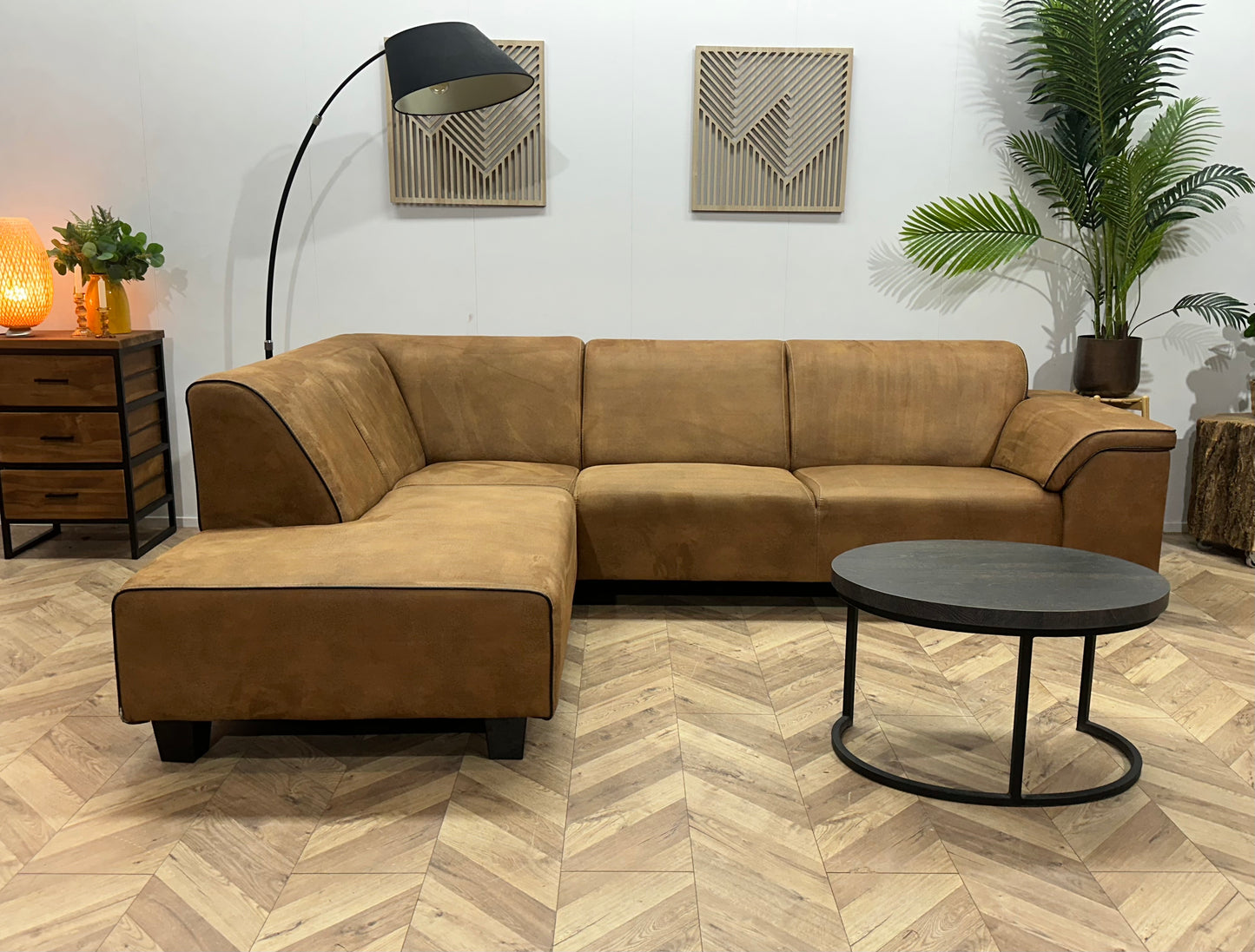 Cognac Bruine Suède Stoffen Hoekbank ~ Vaste Kussens