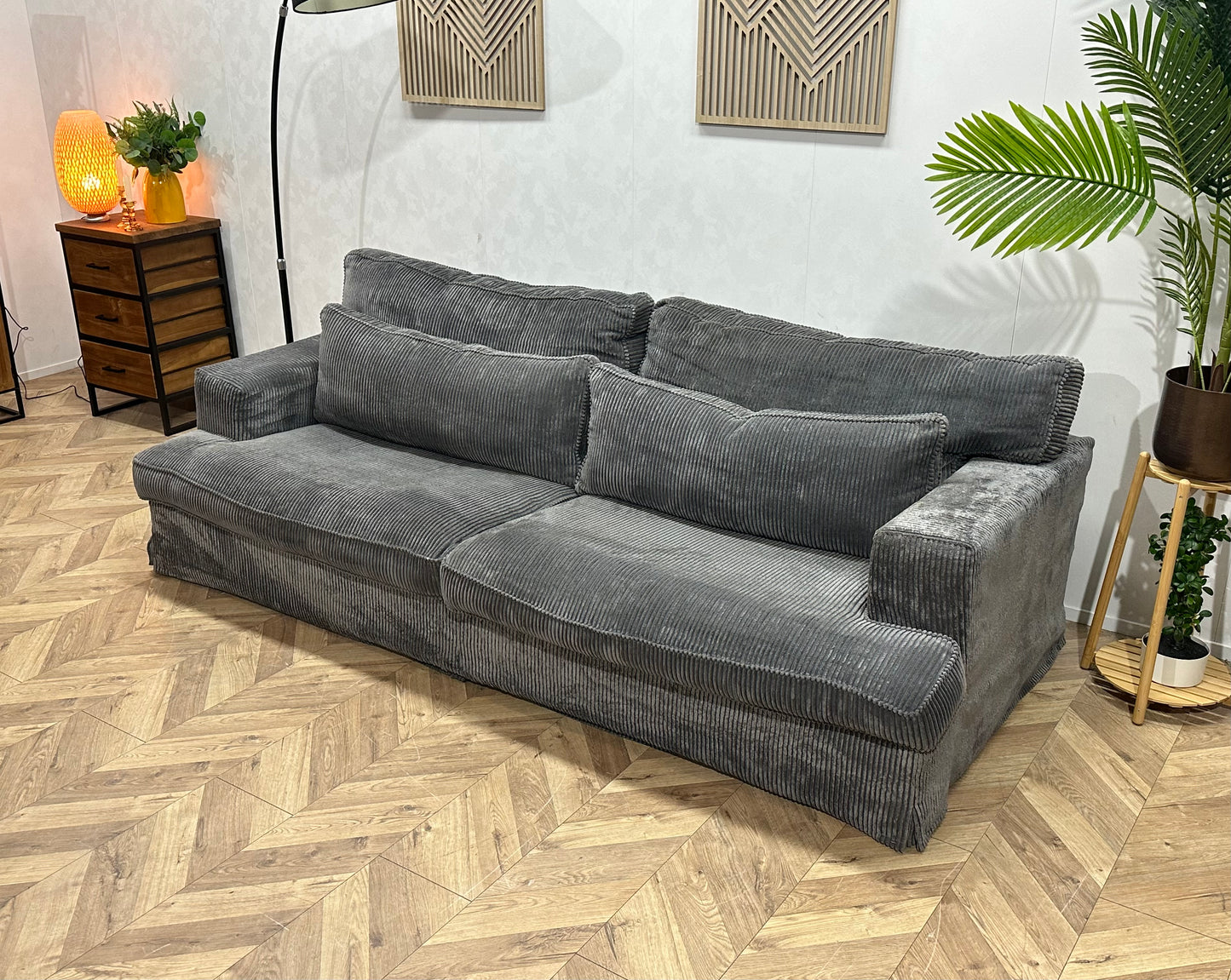 Grijze Ribstof 2.5-Zits Bank ~ Losse Kussens Met Afneembare Hoezen