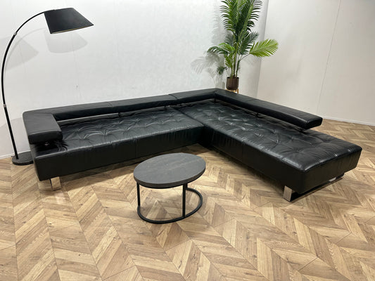 Montèl Zwart Echt Lederen Design Hoekbank ~ Vaste Kussens