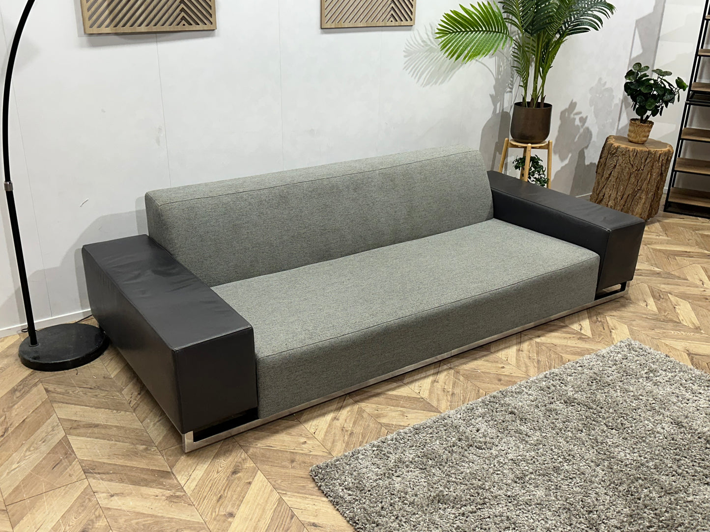 Licht Grijze/Antraciet Stoffen/Echt Lederen Design 2.5-Zits Bank ~ Vaste Kussens