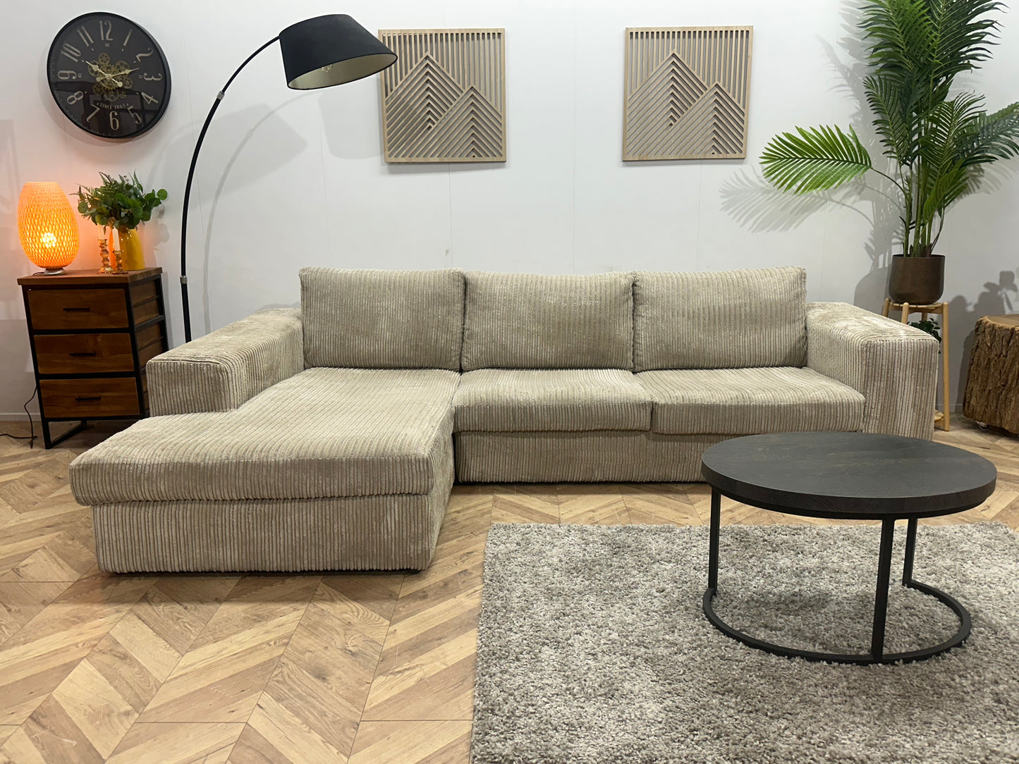 Crème Ribstof Hoekbank ~ Losse Kussens Met Afneembare Hoezen