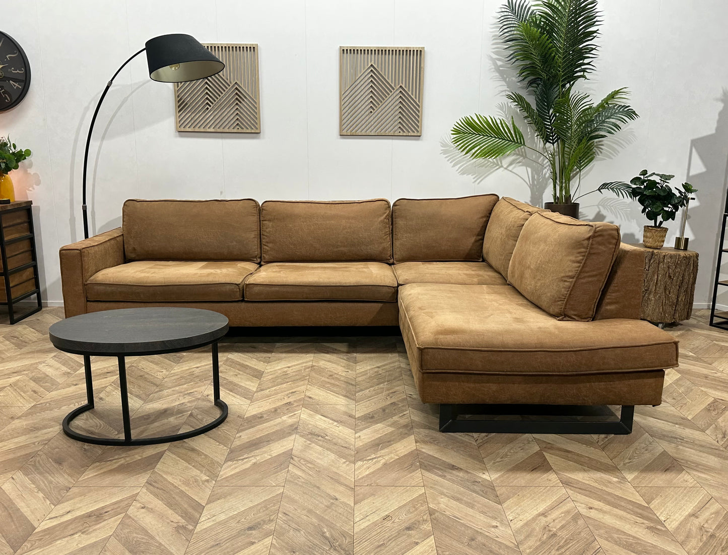 Cognac Bruine Suède Stoffen Hoekbank ~ Losse Kussens Met Afneembare Hoezen