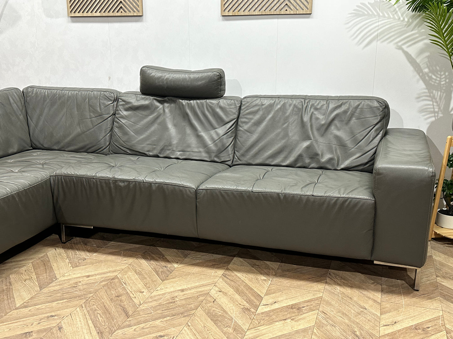 Montèl Grijze Echt Lederen Hoekbank ~ Vaste Kussens