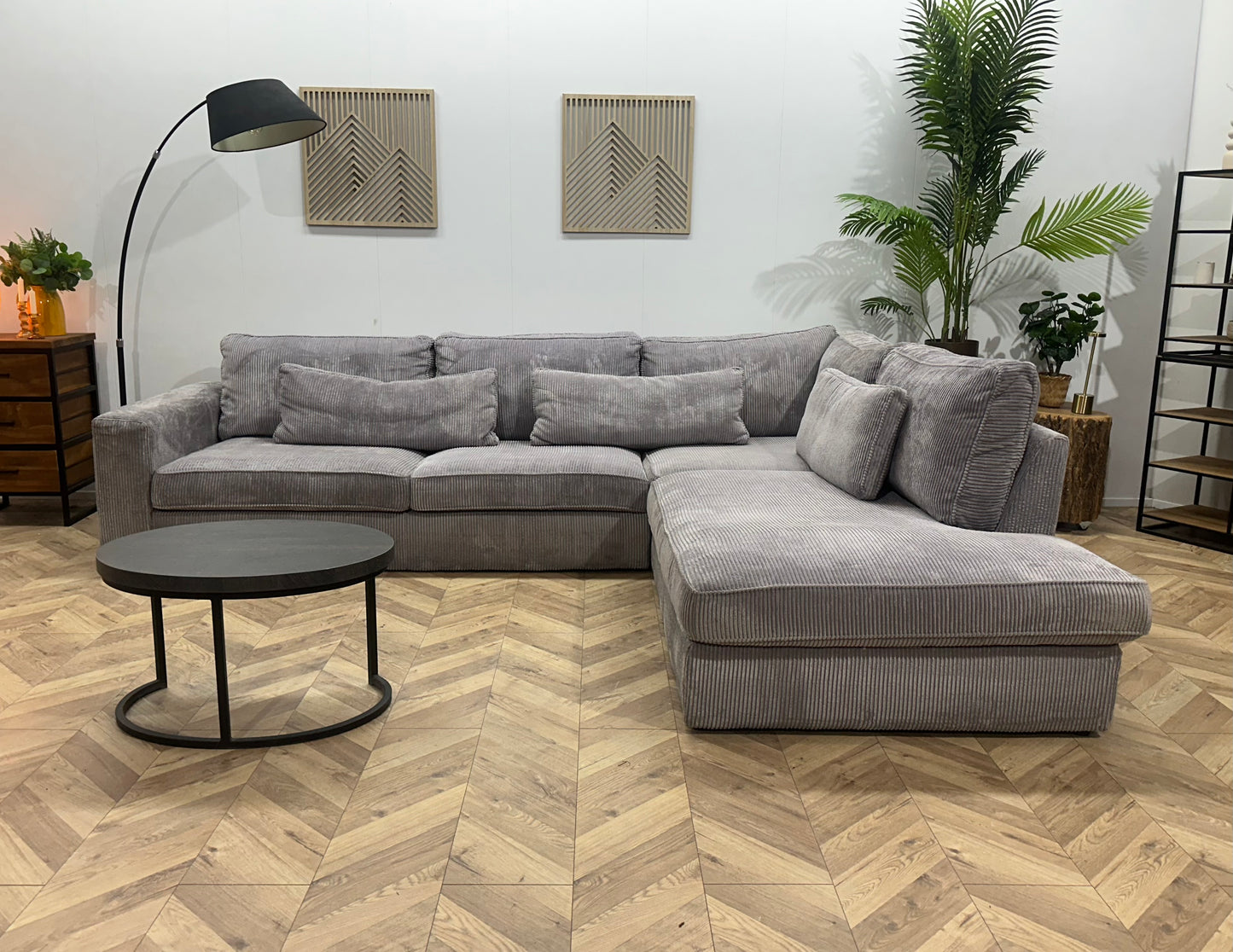 Licht Grijze Ribstof Hoekbank ~ Losse Kussens Met Afneembare Hoezen