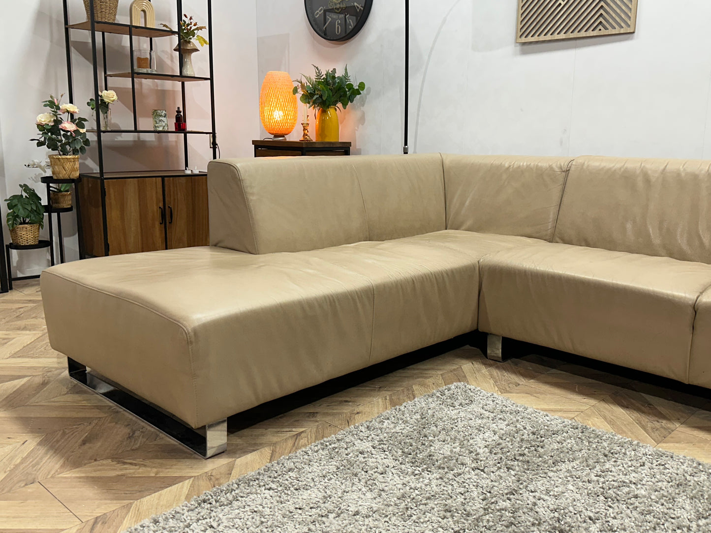 Goossens Crème Echt Lederen Hoekbank ~ Vaste Kussens