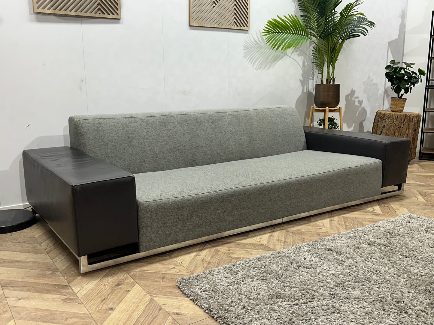 Licht Grijze/Antraciet Stoffen/Echt Lederen Design 2.5-Zits Bank ~ Vaste Kussens