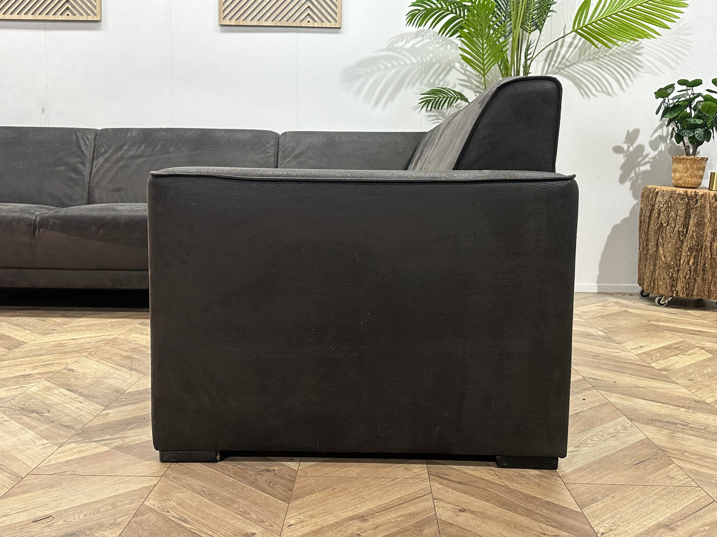 !Showroommodel! Antraciet Suède Stoffen Hoekbank ~ Vaste Kussens