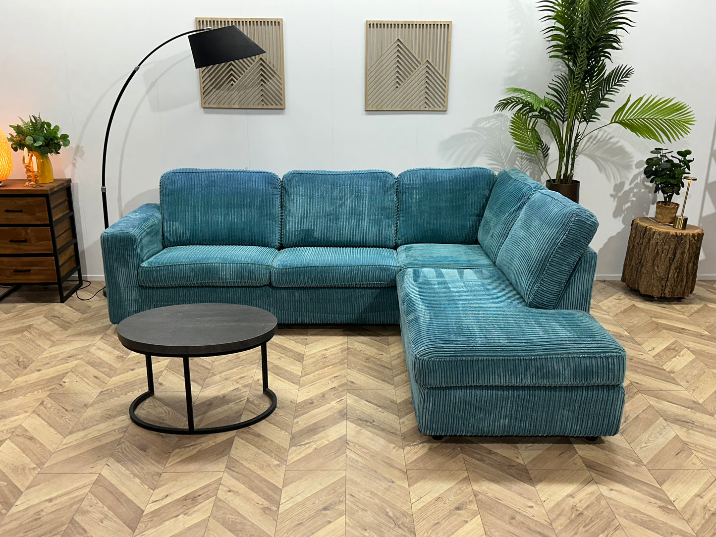 Licht Blauwe Ribstof Hoekbank ~ Losse Kussens Met Afneembare Hoezen