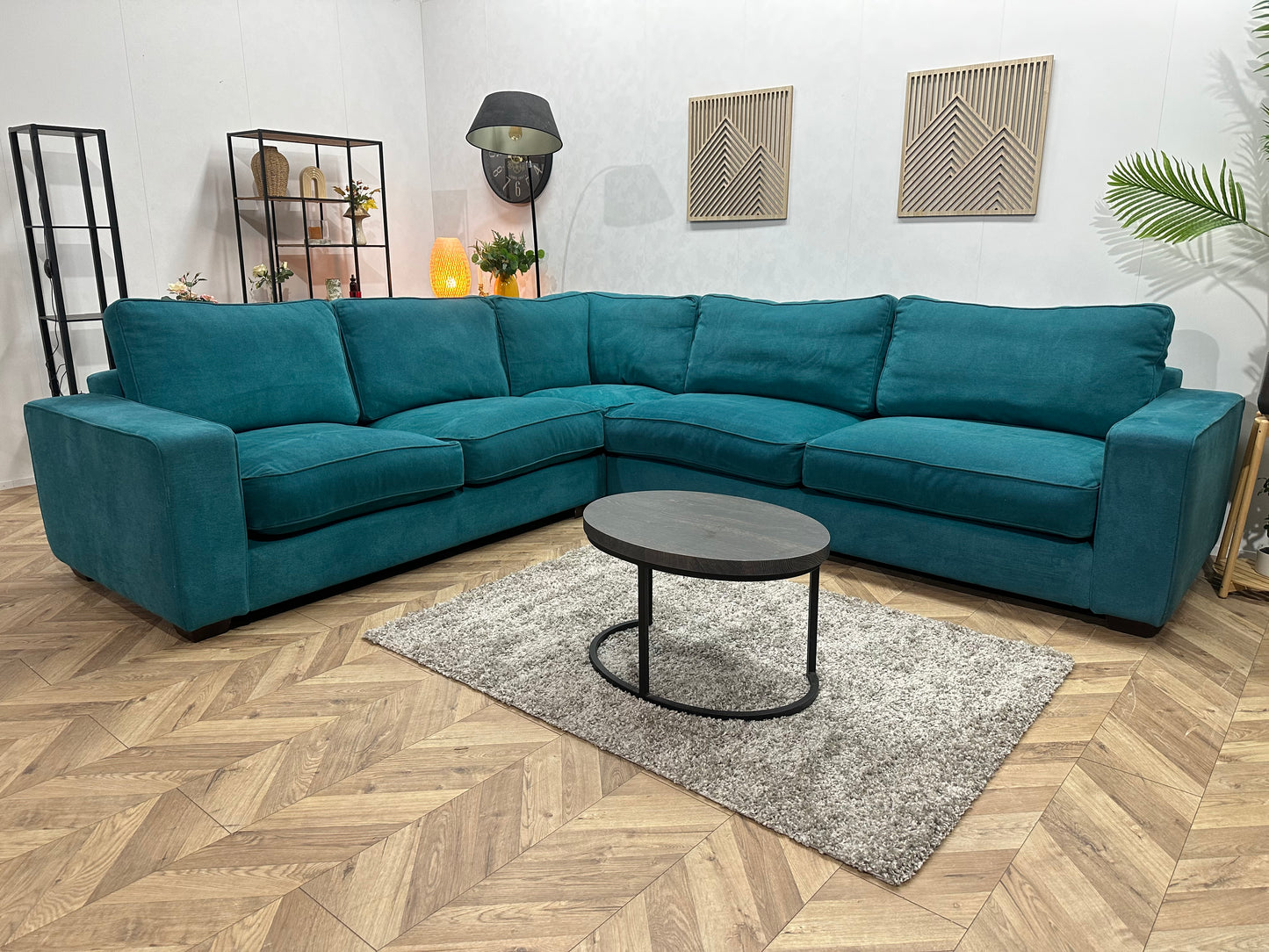 Blauwe Suède Stoffen Hoekbank ~ Losse Kussens Met Afneembare Hoezen