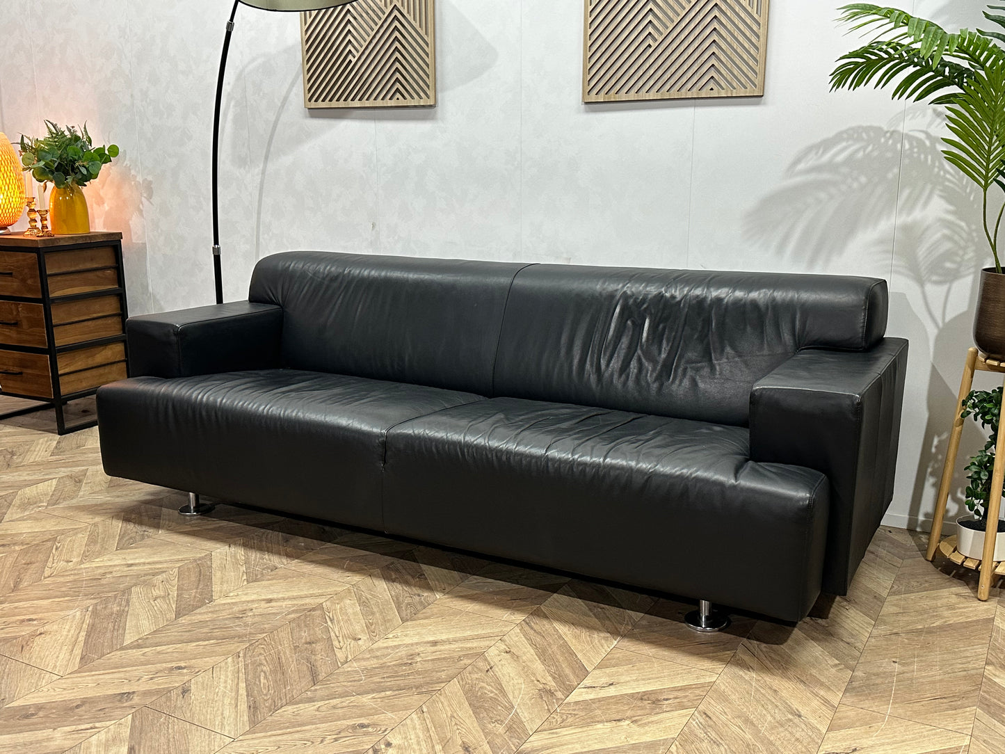 Zwart Echt Lederen 2.5-Zits Bank Inc Fauteuil ~ Vaste Kussens