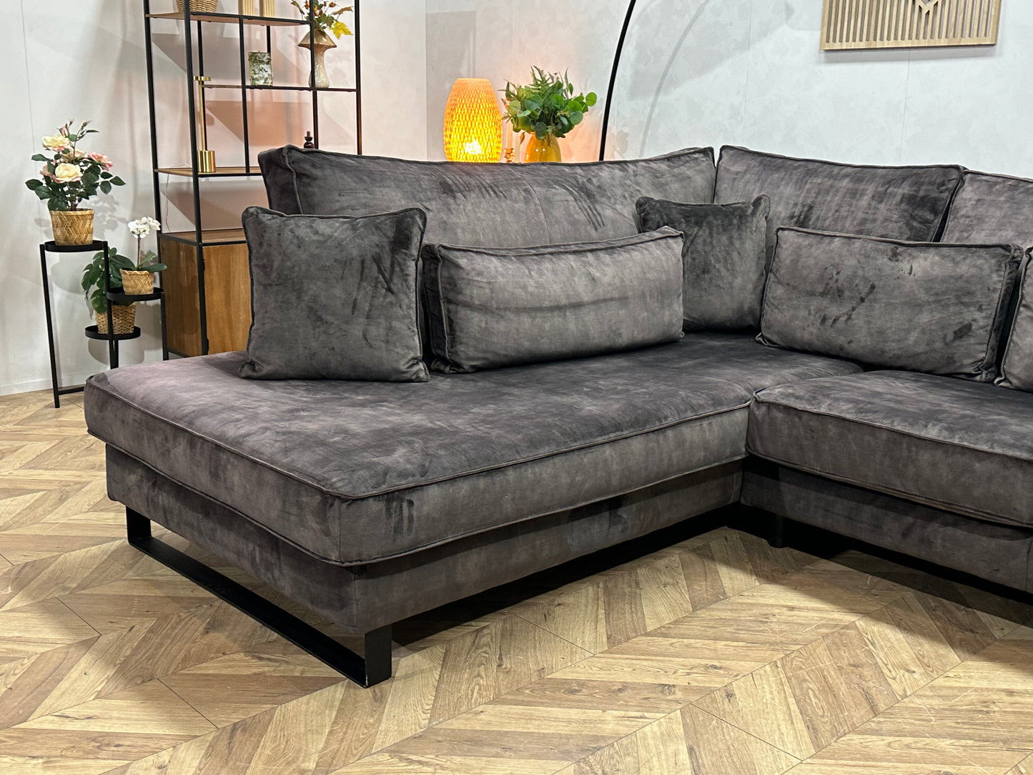 Antraciet Velvet Hoekbank ~ Losse Kussens Met Afneembare Hoezen