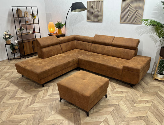 Cognac Bruine Suède Stoffen Hoekbank Inc Hocker ~ Verstelbare Hoofdsteunen ~ Nieuwstaat