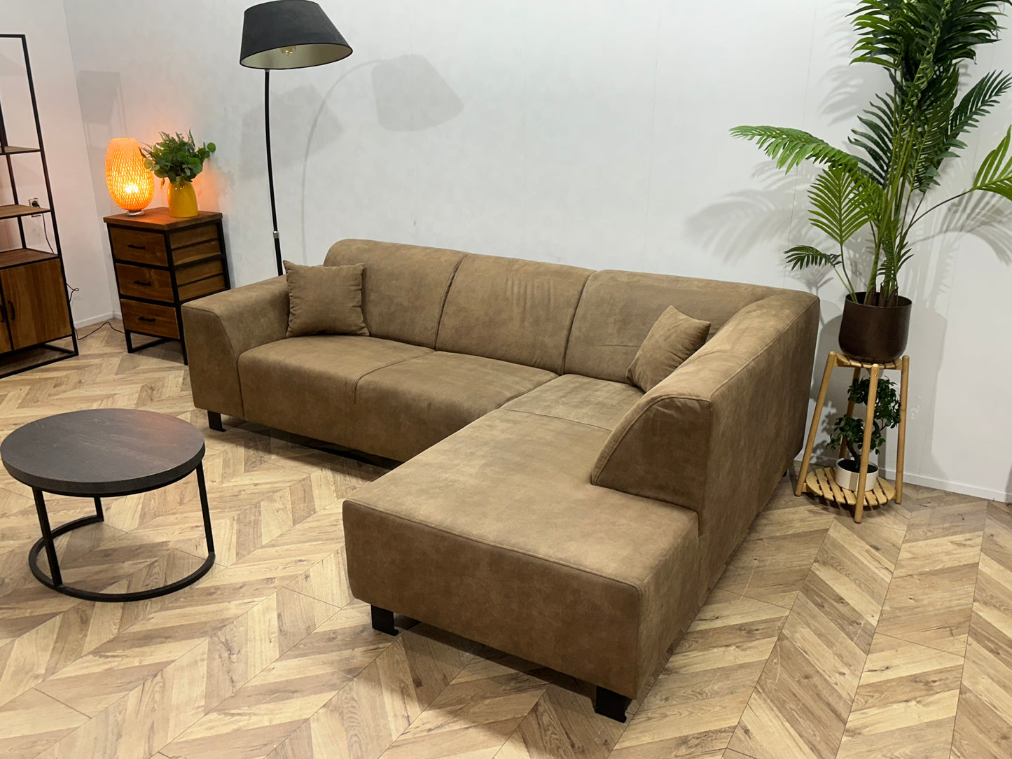 Bruine Suède Lederen Hoekbank ~ Vaste Kussens