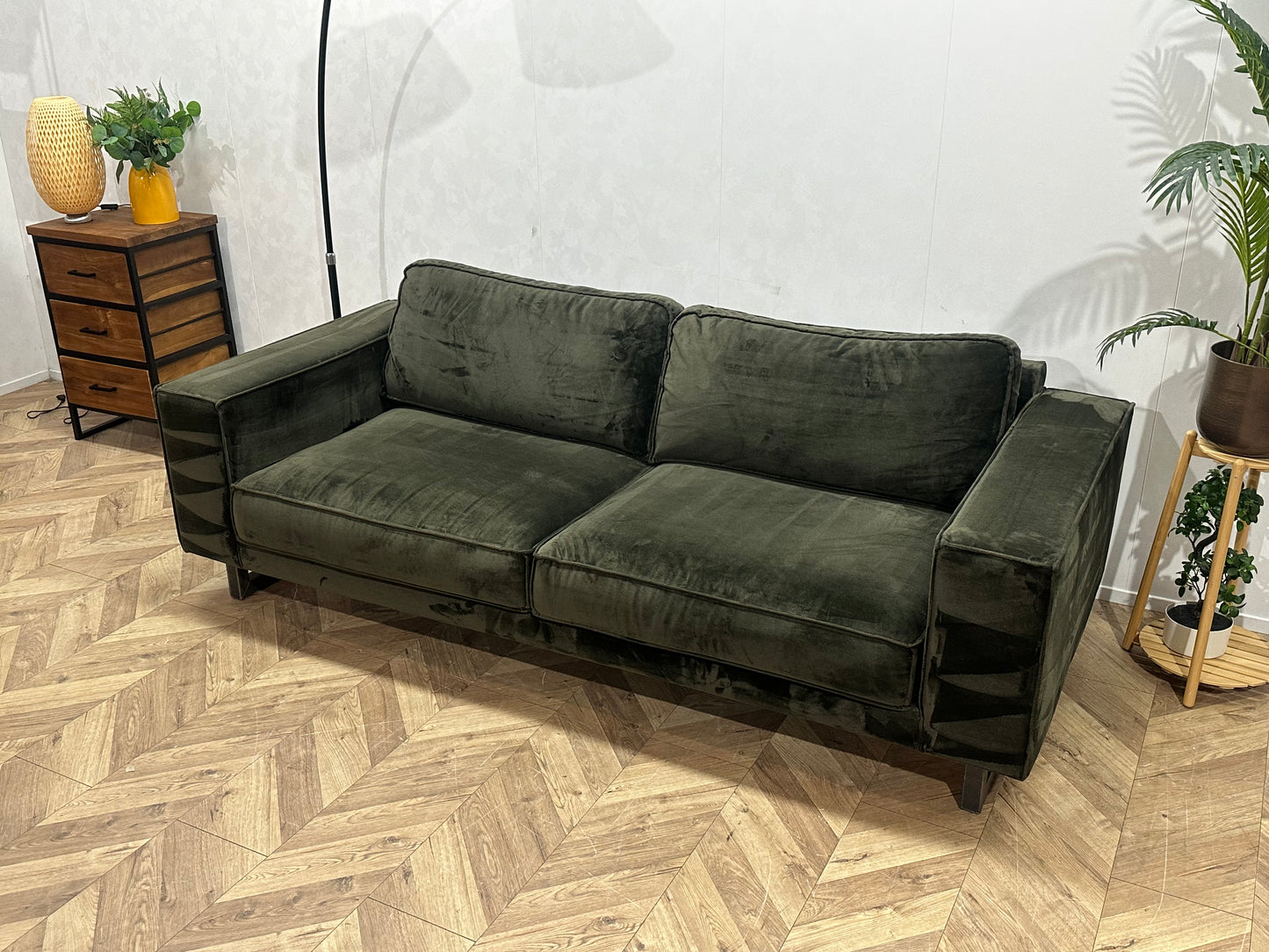 Donker Groene Velvet 2.5-Zits Bank ~ Losse Kussens Met Afneembare Hoezen