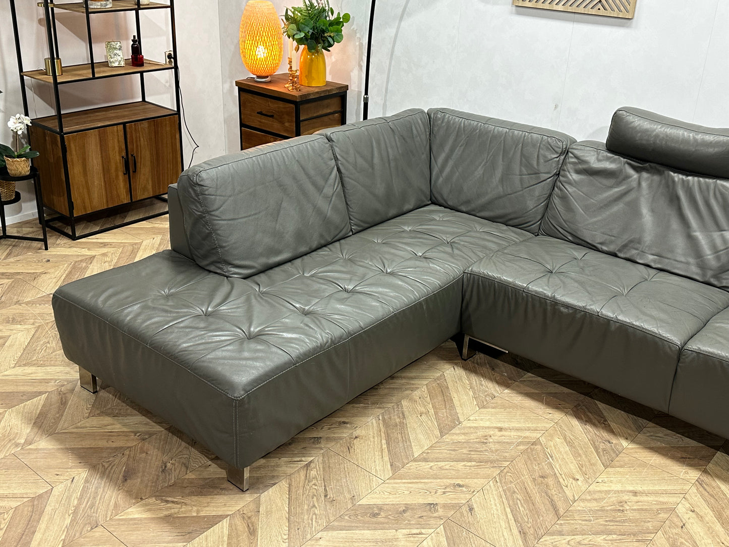 Montèl Grijze Echt Lederen Hoekbank ~ Vaste Kussens