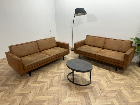 Cognac Bruine Suede Lederen Banken Set ~ Losse Kussens Met Afneembare Hoezen