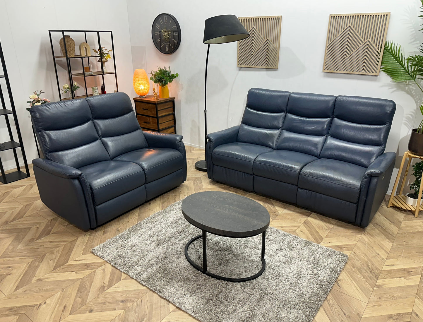 Donker Blauwe Echt Lederen Banken Set ~ Relaxfunctie