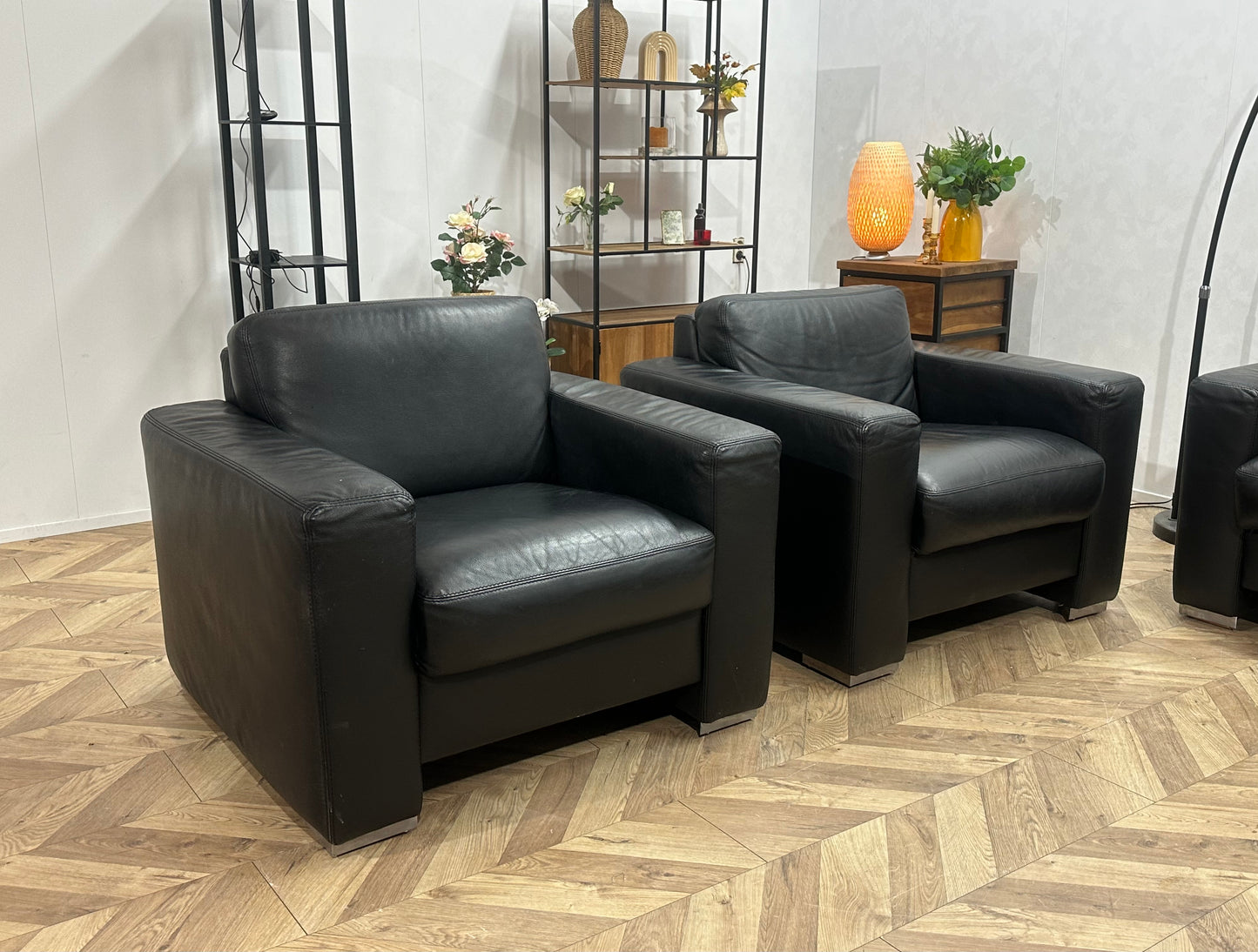 Zwarte Echt Lederen 2.5-Zits Bank Inc Fauteuils ~ Vaste Kussens