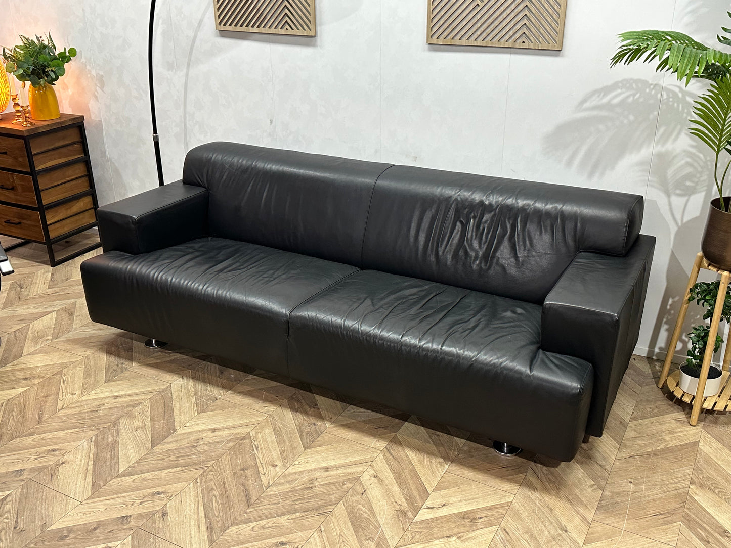 Zwart Echt Lederen 2.5-Zits Bank Inc Fauteuil ~ Vaste Kussens