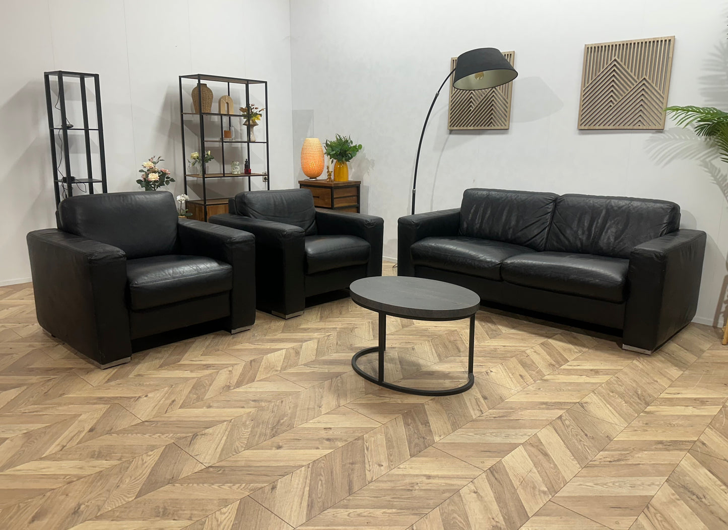 Zwarte Echt Lederen 2.5-Zits Bank Inc Fauteuils ~ Vaste Kussens