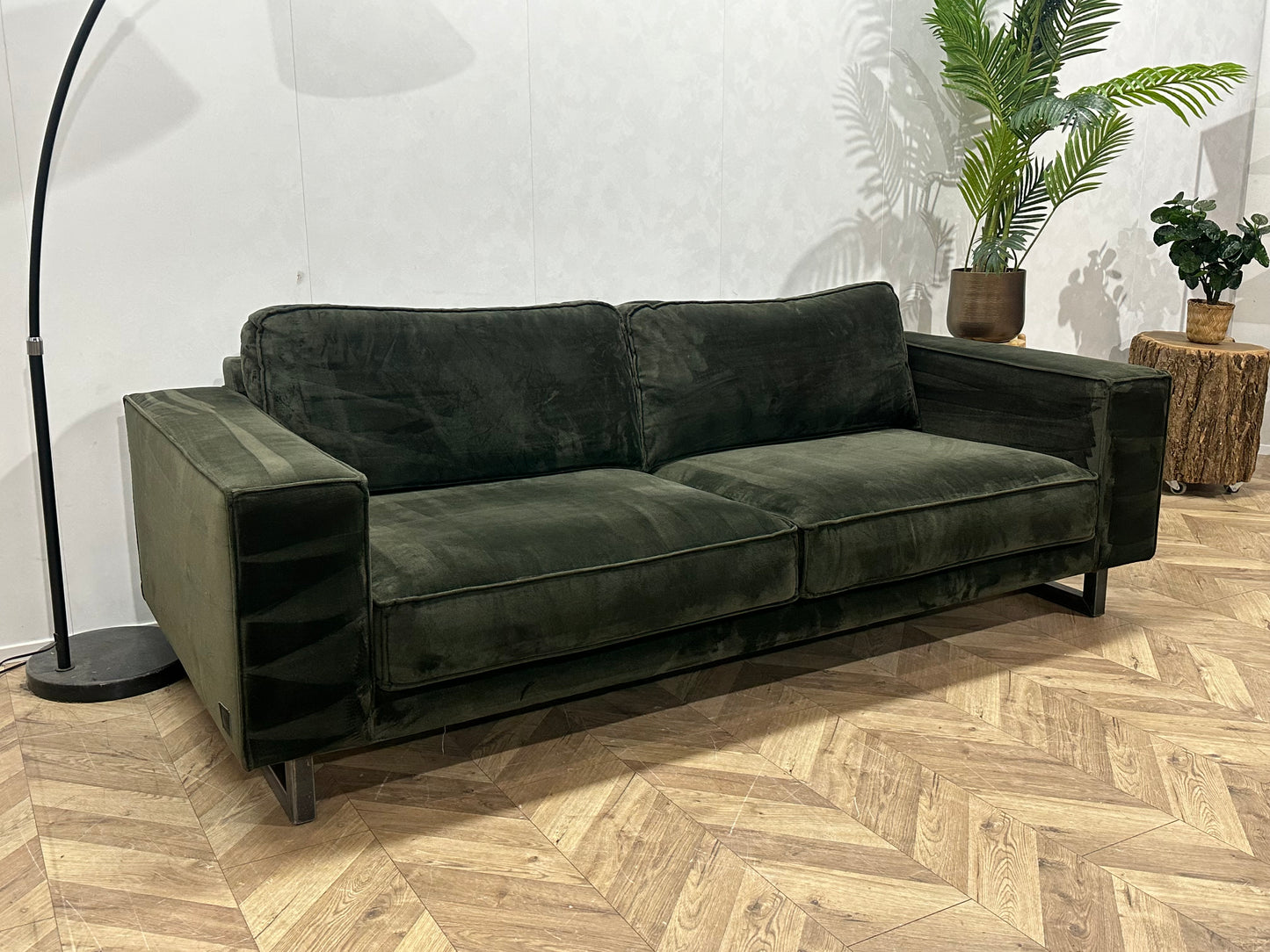 Donker Groene Velvet 2.5-Zits Bank ~ Losse Kussens Met Afneembare Hoezen