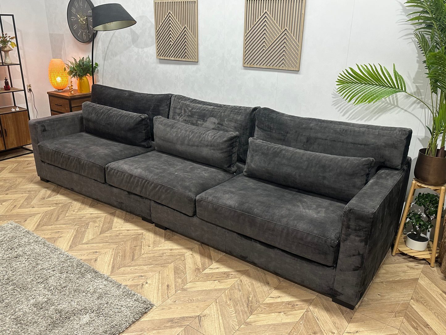 Antraciet Ruime Velvet 3-Zits Bank Inc Hocker ~ Losse Kussens Met Afneembare Hoezen