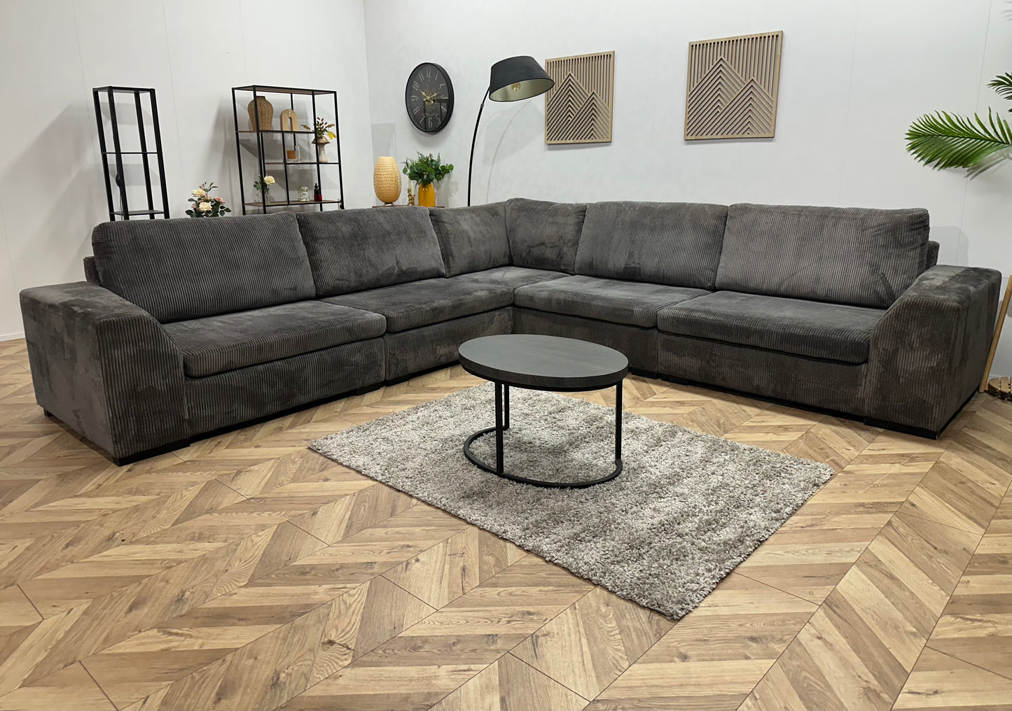 Grijze Ribstof Hoekbank ~ Losse Kussens Met Afneembare Hoezen