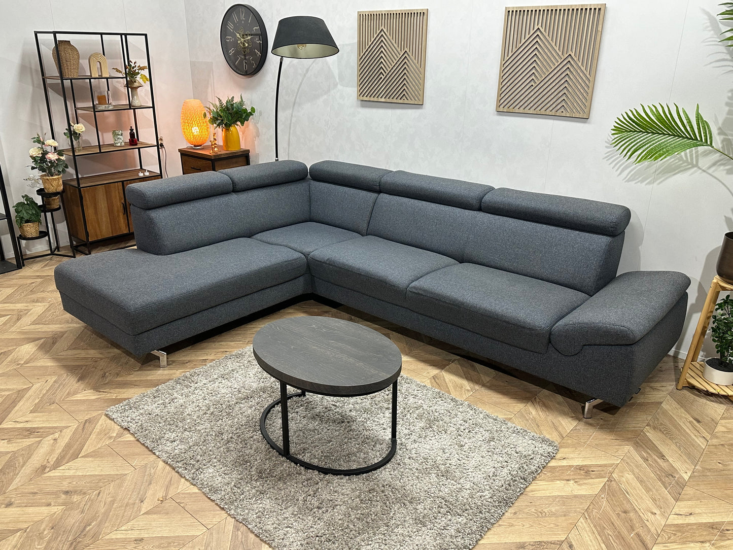 Montèl Blauwe/Grijze Hoekbank ~ Verstelbare Arm/Hoofdsteunen