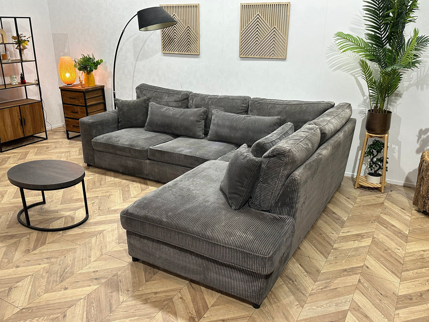 Antraciet Ribstof Hoekbank ~ Losse Kussens Met Afneembare Hoezen ~ Slaapfunctie