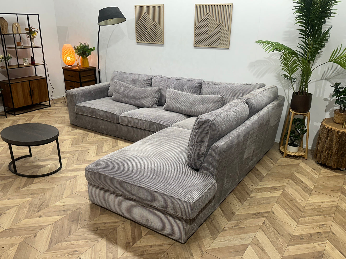 Licht Grijze Ribstof Hoekbank ~ Losse Kussens Met Afneembare Hoezen