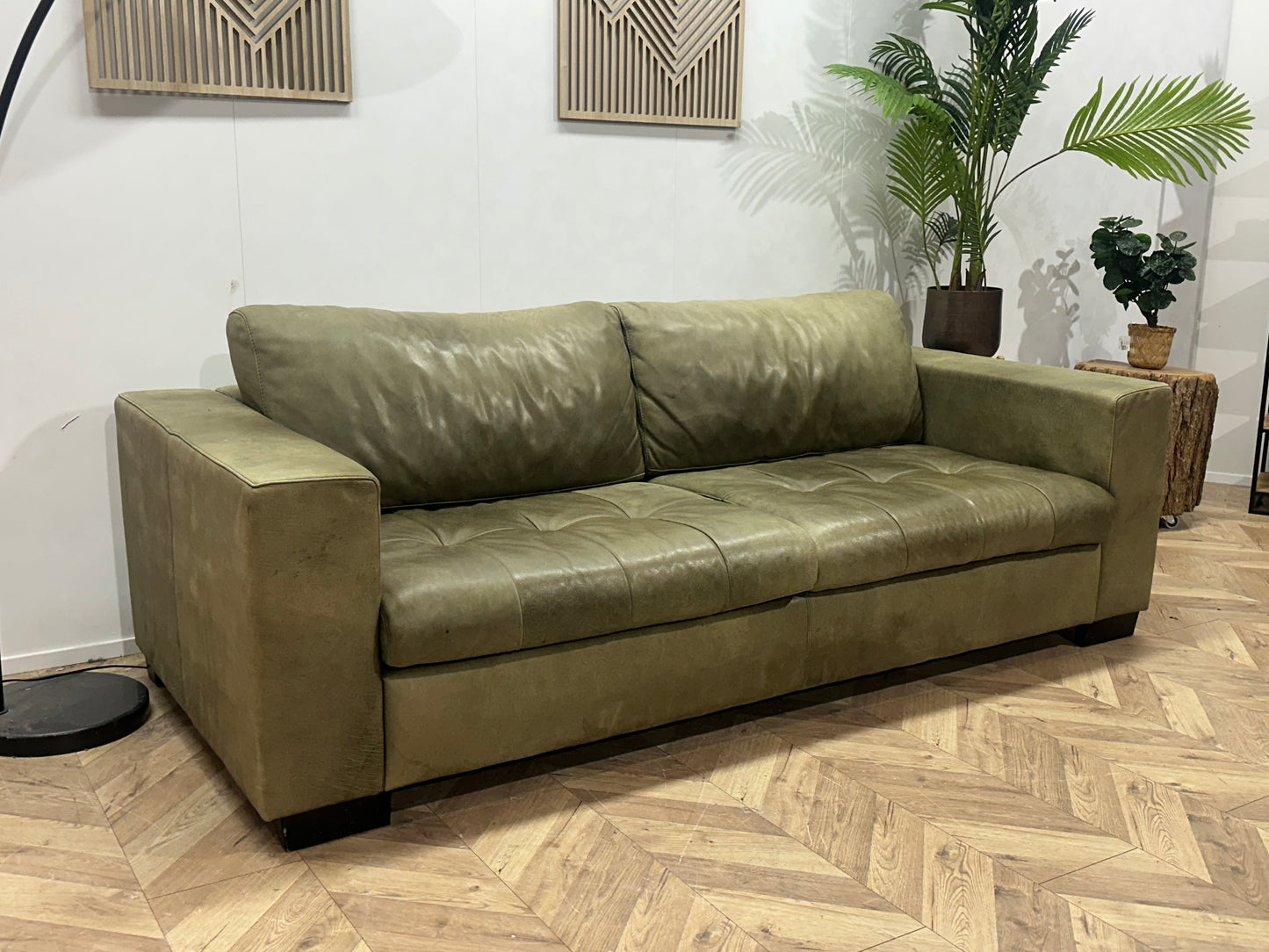 Groene Echt Lederen 2.5-Zits Bank ~ Losse Kussens Met Afneembare Hoezen