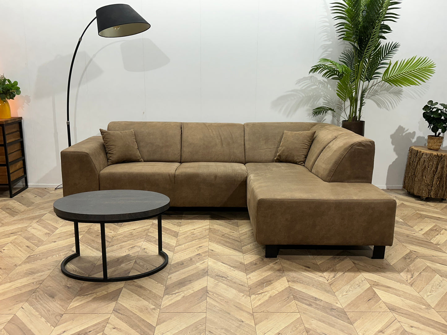 Bruine Suède Lederen Hoekbank ~ Vaste Kussens