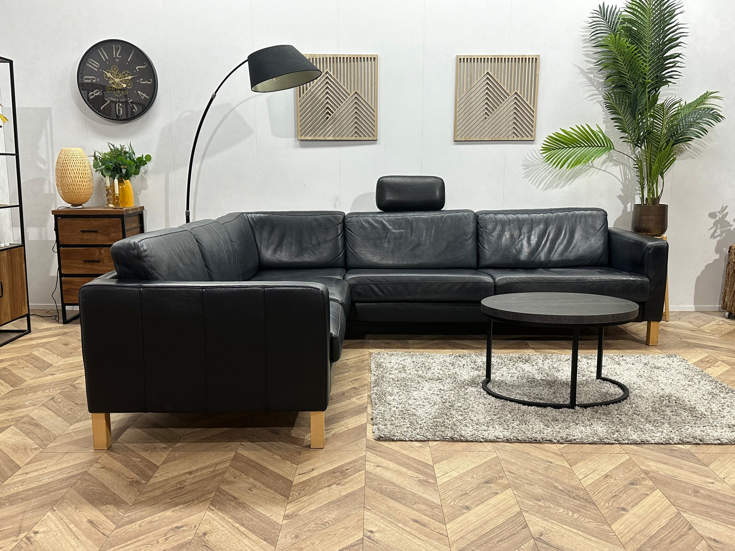 Zwarte Echt Lederen Hoekbank ~ Losse Kussens Met Afneembare Hoezen