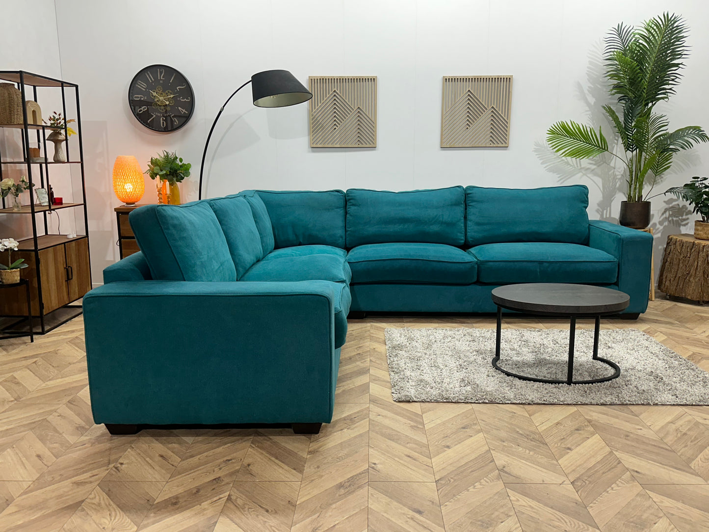 Blauwe Suède Stoffen Hoekbank ~ Losse Kussens Met Afneembare Hoezen