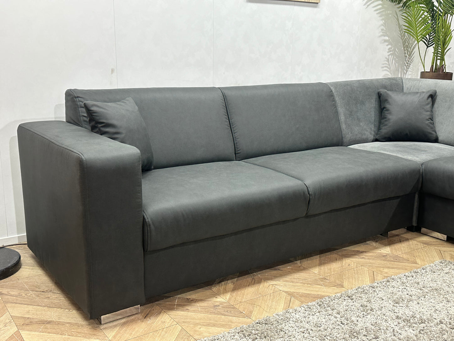 !Showroommodel! Antraciet/Grijze Suède Lederen/Velvet Hoekbank